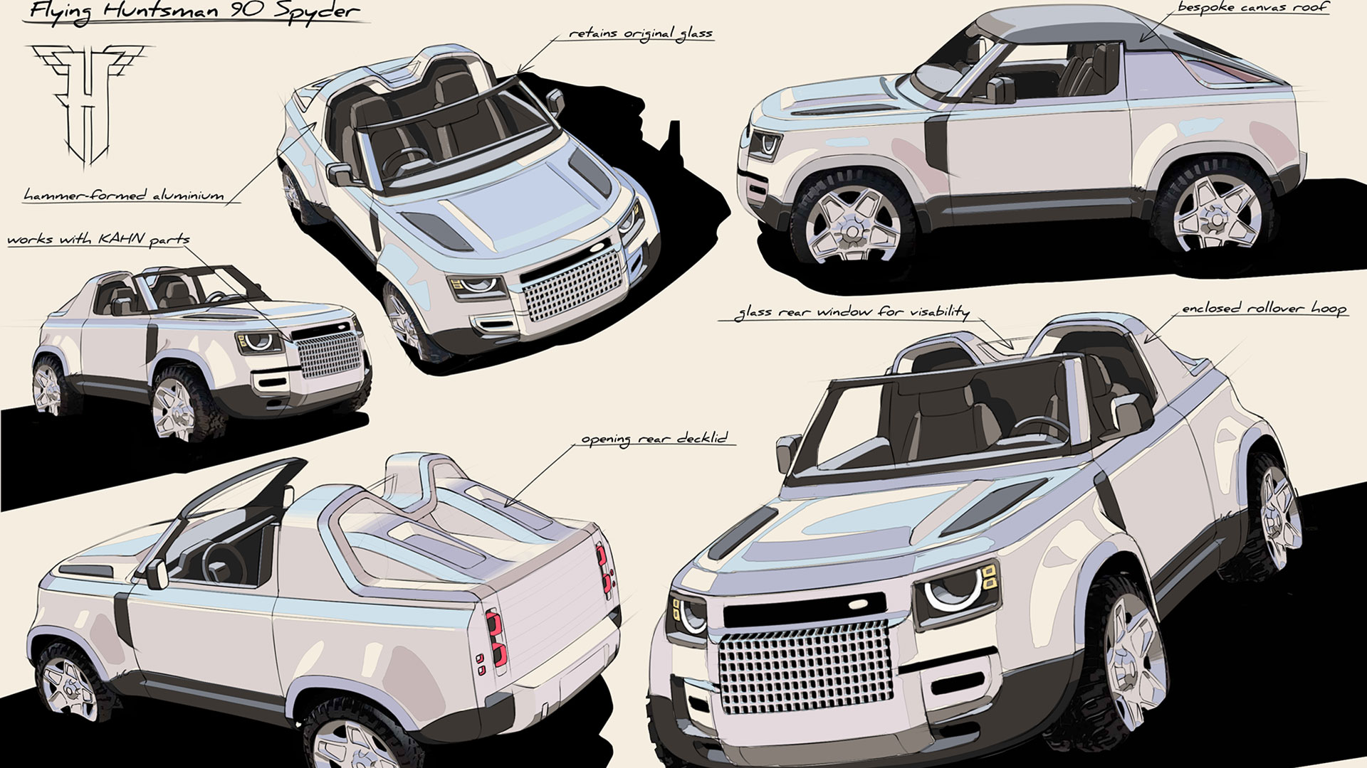 Sketch portfolio of Flying Huntsman 90 Spyder from various angles