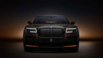 Static studio shot of Rolls-Royce Black Badge Ghost Ekleipsis from dead-on front