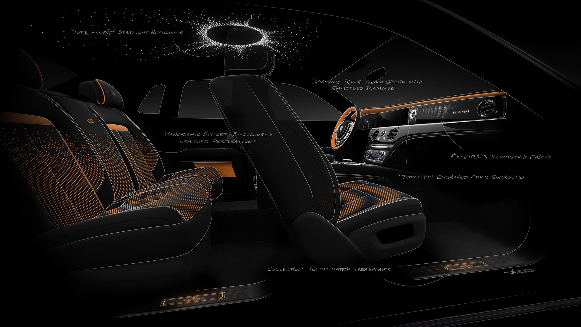 Interior shot of Rolls-Royce Black Badge Ghost Ekleipsis