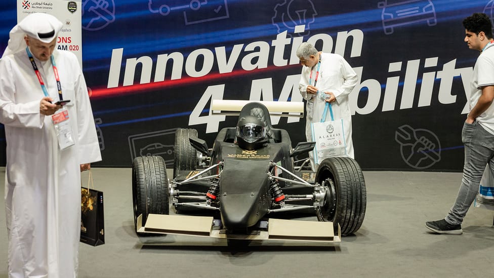 A shot of the Abu Dhabi Uni's electric F1 car GEVC entry at the Automechanika Dubai expo