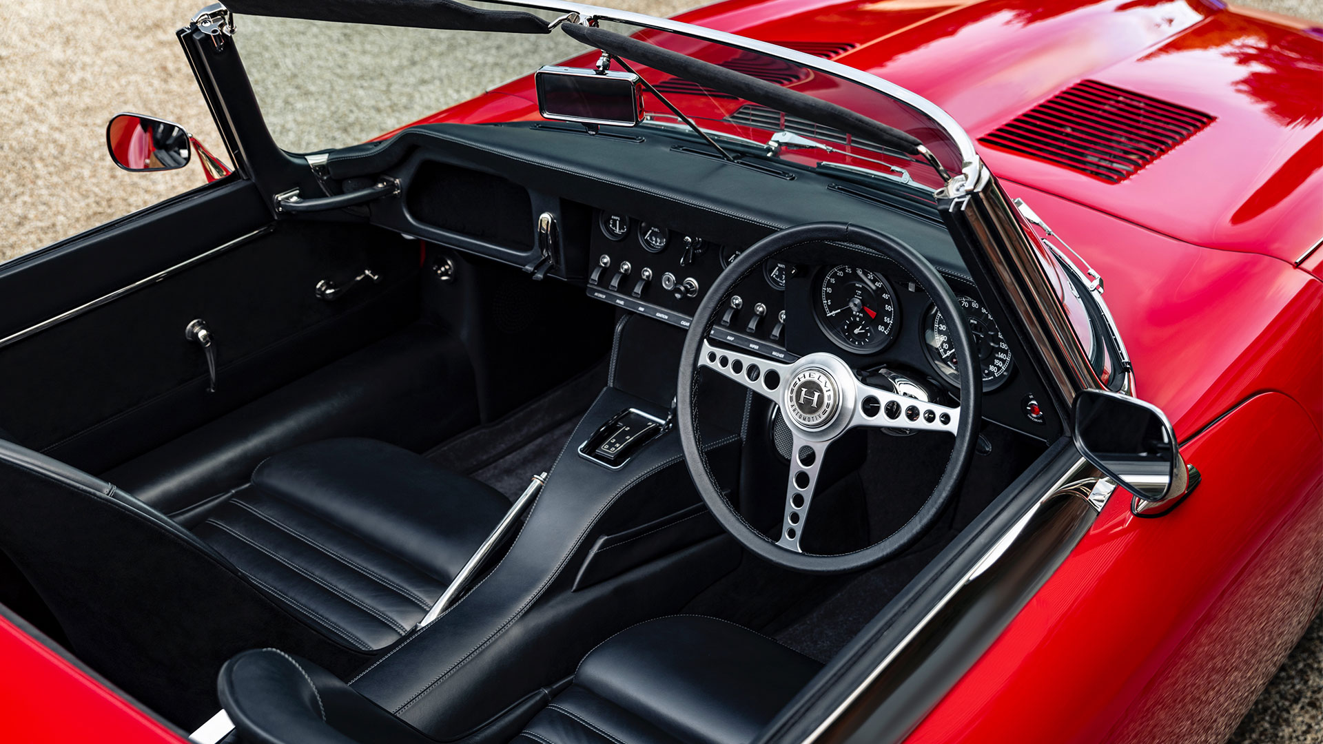 Cockpit with droptop down on the Helm's second example of E-type Jag restoration