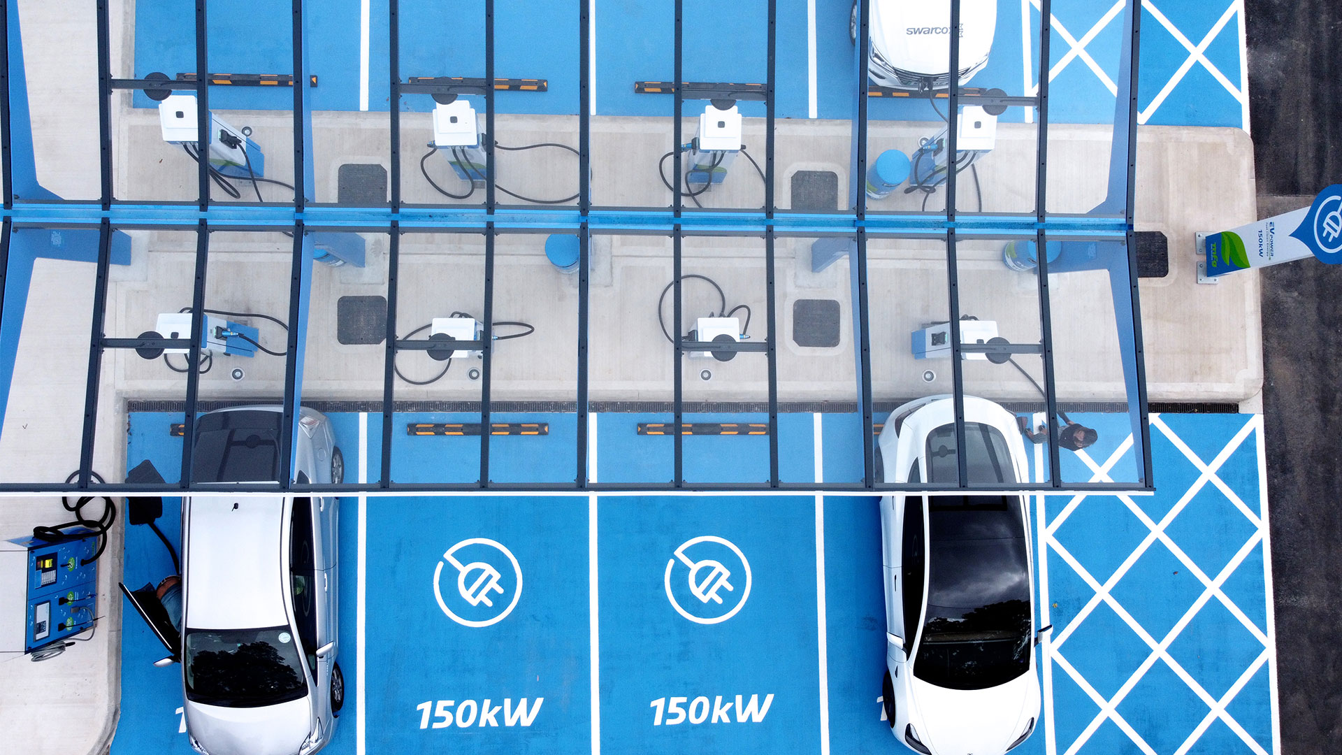 Birds Eye view of MFG EV Power charging hub with 150kW bays