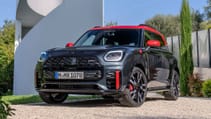 Static shot of new Mini Countryman John Cooper Works, front three quarter in sun