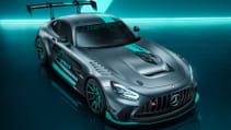 Static shot of new Mercedes-AMG GT2 Pro, high-angled front three quire