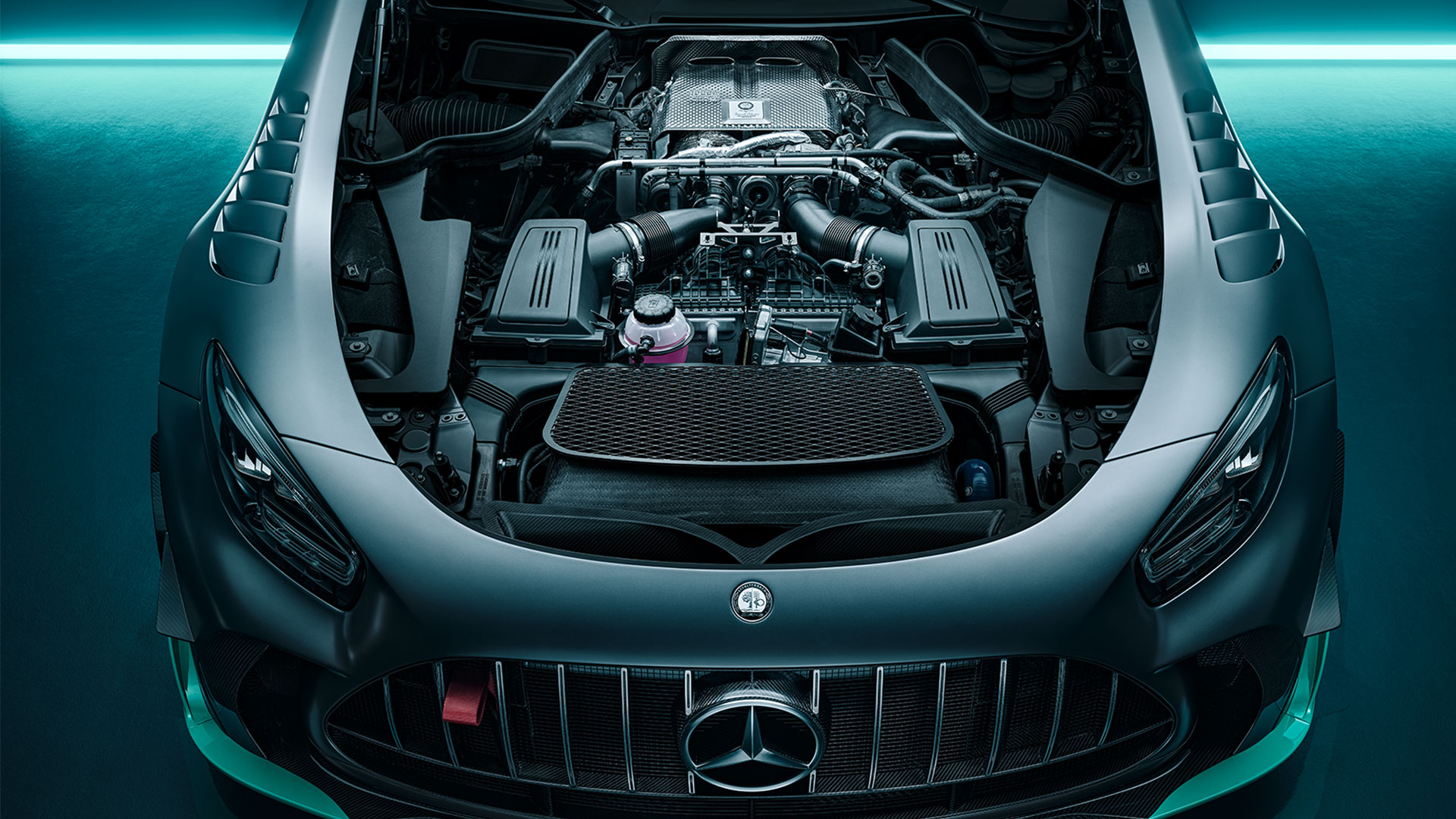 Static shot of new Mercedes-AMG GT2 Pro, birds eye of open engine bay