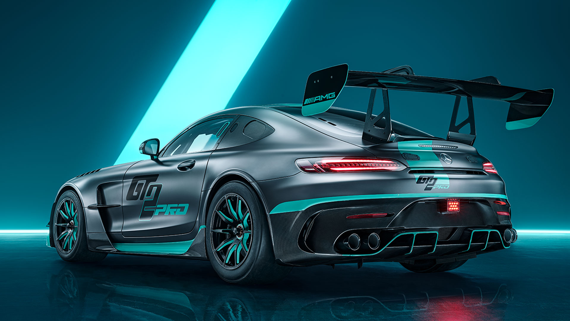 Static shot of new Mercedes-AMG GT2 Pro, rear shot three-quarter