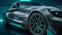 Static shot of new Mercedes-AMG GT2 Pro, close up of wheels