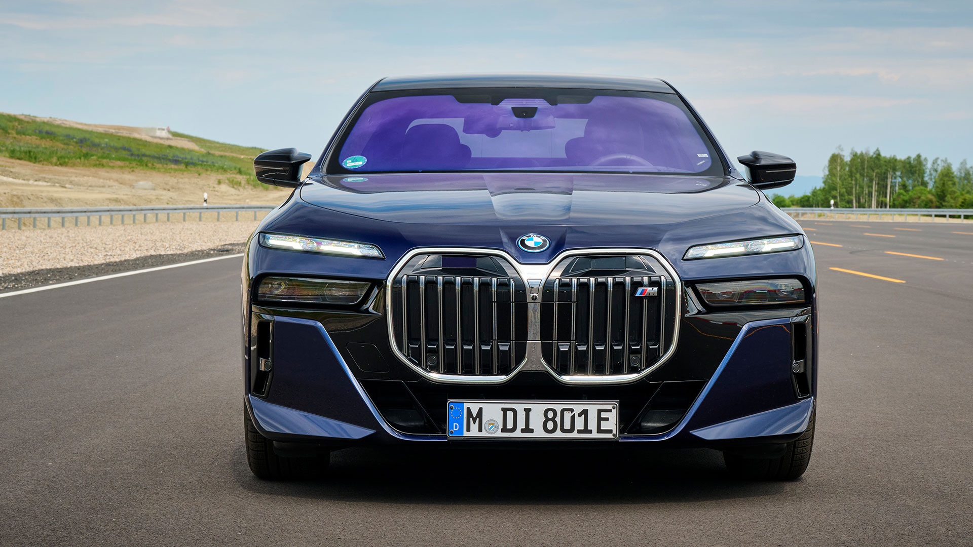 Front end driving shot of new BMW 7 Series in autonomous driving mode