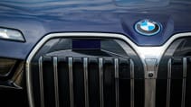 Close up of BMW grille sensor and camera hardware for self-driving in 7 Series