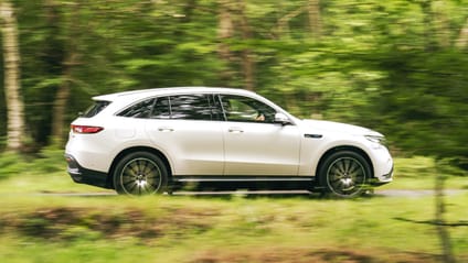 Side profile driving shot of Mercedes-Benz EQC