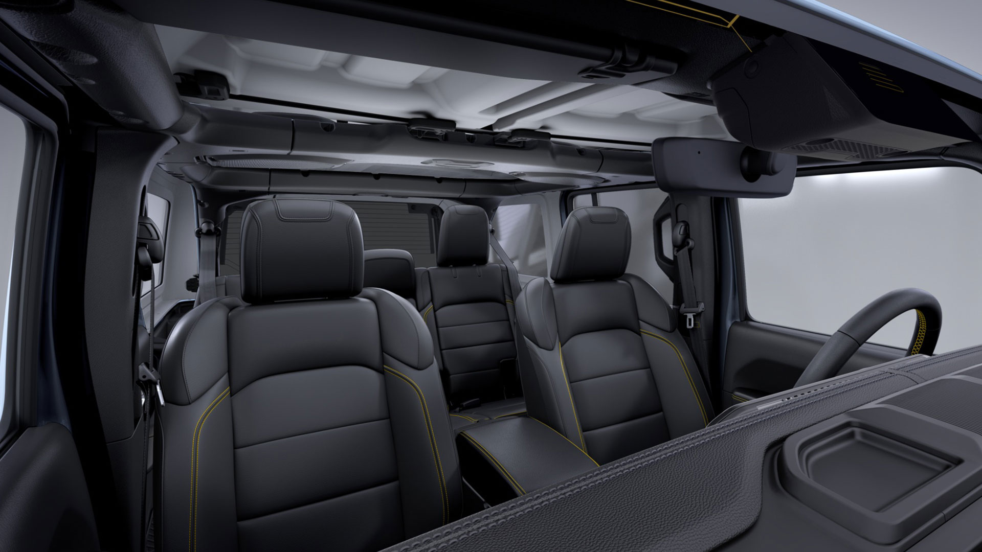 Interior shot of the 2024 Jeep Wrangler 4xe looking into vehicle from windscreen