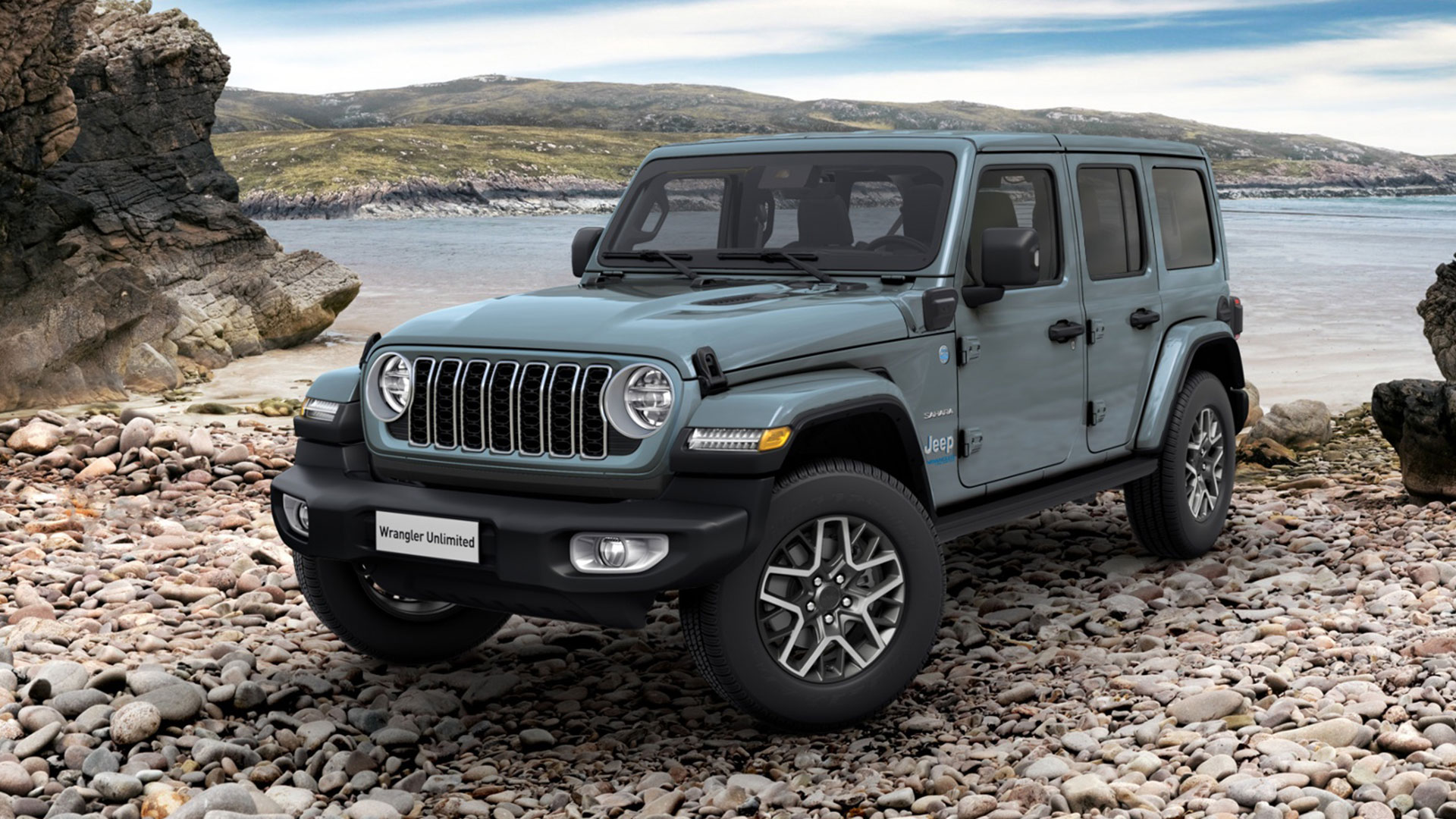 Front shot of the 2024 Jeep Wrangler 4xe on beach