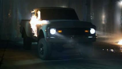 1969 Chevrolet K-20 in the dark with headlights on, as depicted in the frame of horror movie Super Hybrid