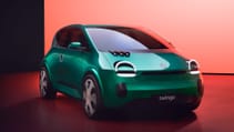 Static studio shot of the new all-electric Renault Twingo from front