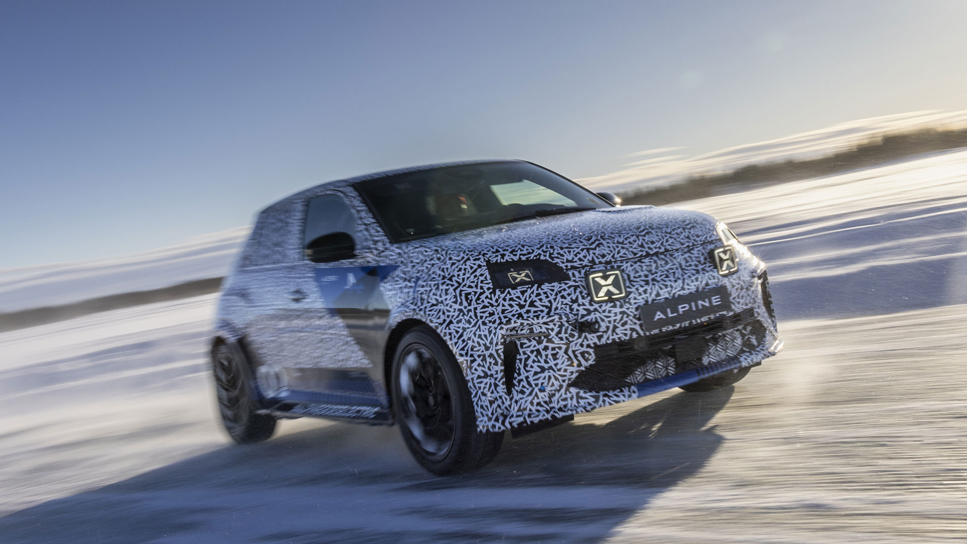 Dynamic shot of Alpine A290 cornering in snow