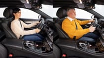 Two images side by side of woman and man with smart adjusting seat belt, interior shot