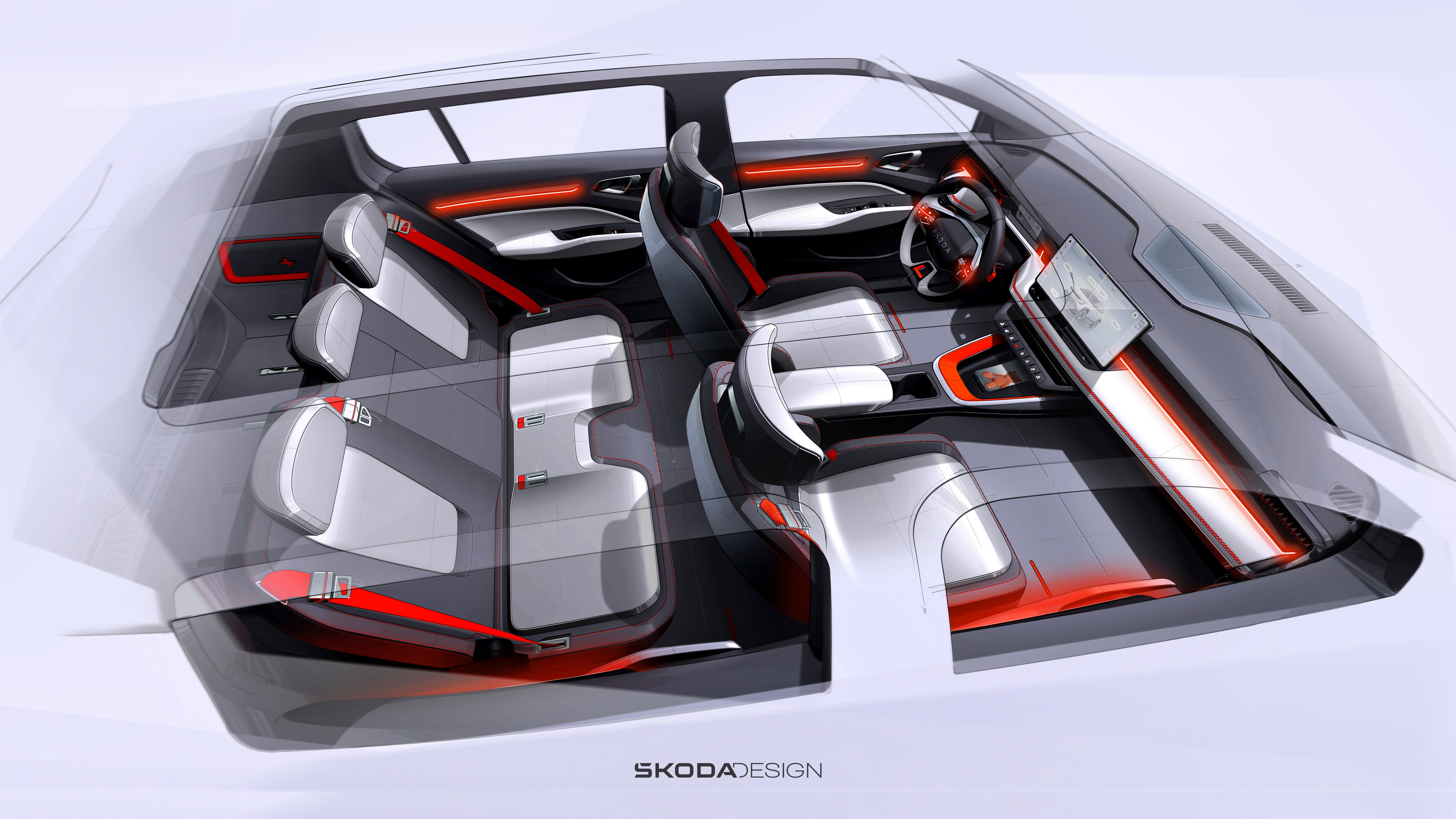 Render of interior from above, through panoramic roof of Skoda Epiq