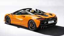 Static studio shot rear three quarter of McLaren Artura Spider