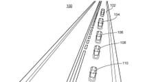 A black and white illustration of cars keeping distances from one another on a road, annotated with arrows and numbers