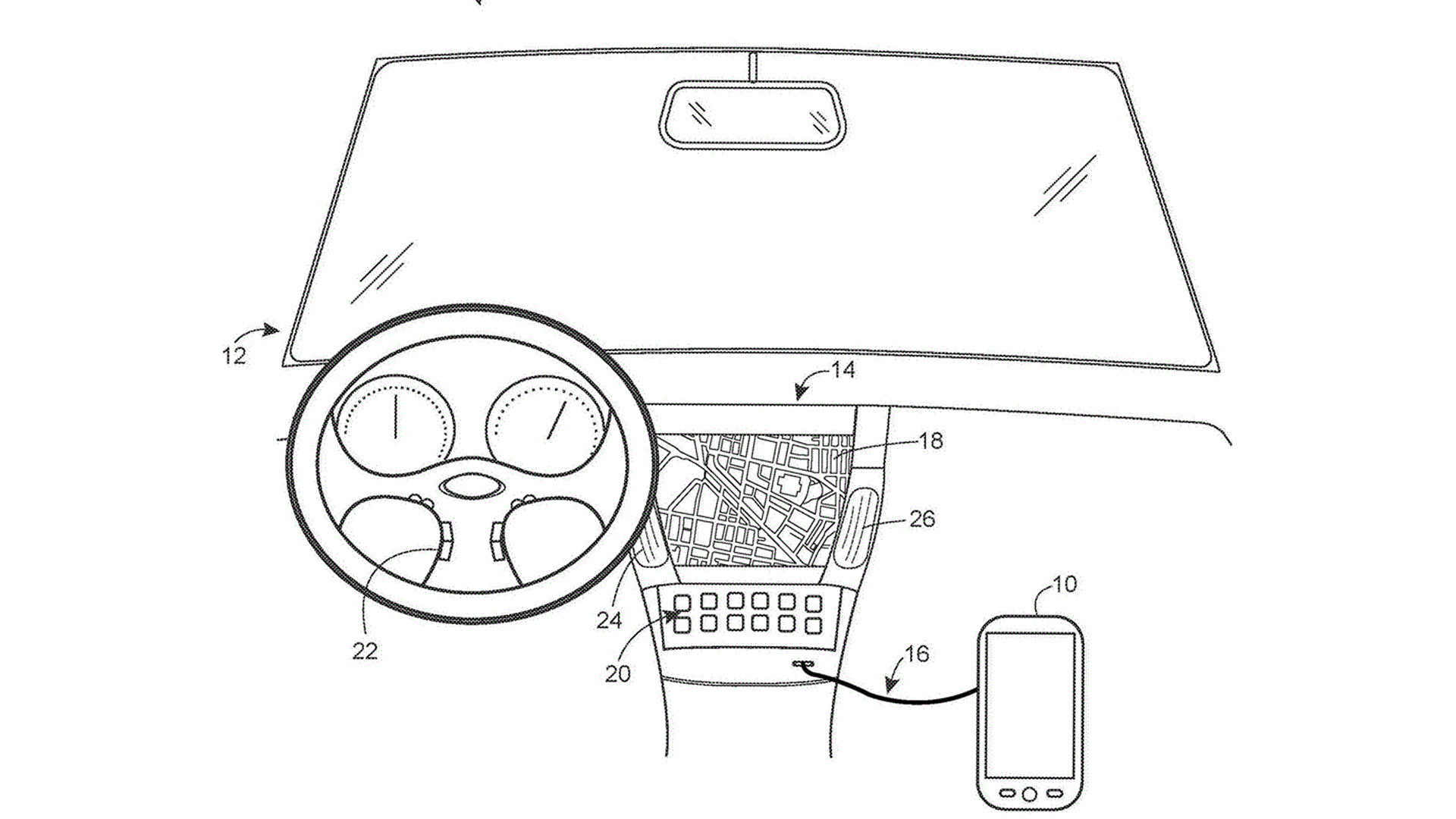 A black and white patent illustration of a driver cockpit with maps and buttons in the centre console, annotated with numbers and arrows