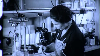 Katharine Burr Blodgett in lab in 1954 promo film made by General Electric