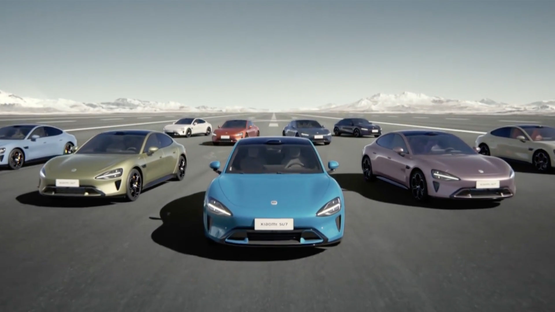 Xiaomi SU7 in every colour, all nine cars driven on tarmac simultaneously