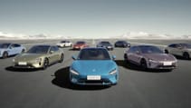 Xiaomi SU7 in every colour, all nine cars driven on tarmac simultaneously