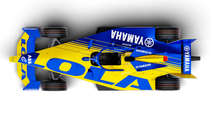 Birds eye view of Lola racing chassis with blue and yellow decals