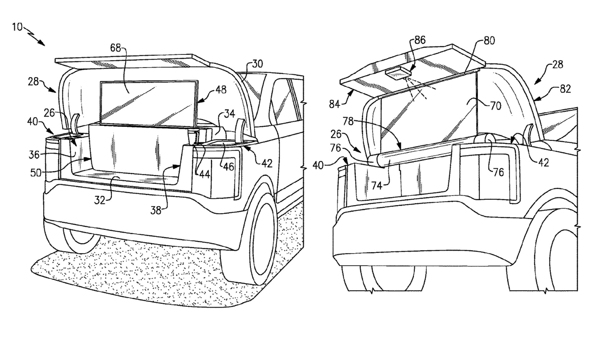 Sketches supplies to US Patent Office for front trunk usage, involving a display screen and projector