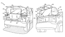 Sketches supplies to US Patent Office for front trunk usage, involving a display screen and projector