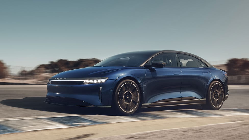 Lucid Air Sapphire in driving shot at Laguna Seca