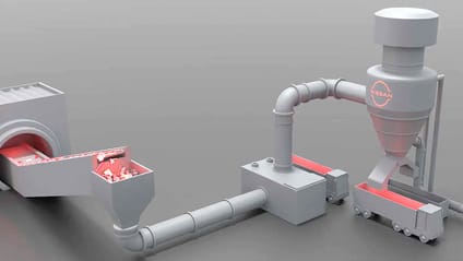 Graphic of the way Nissan's scrap metal is processed through a funnel called The Cyclone and shredded into trucks standing by to recycle