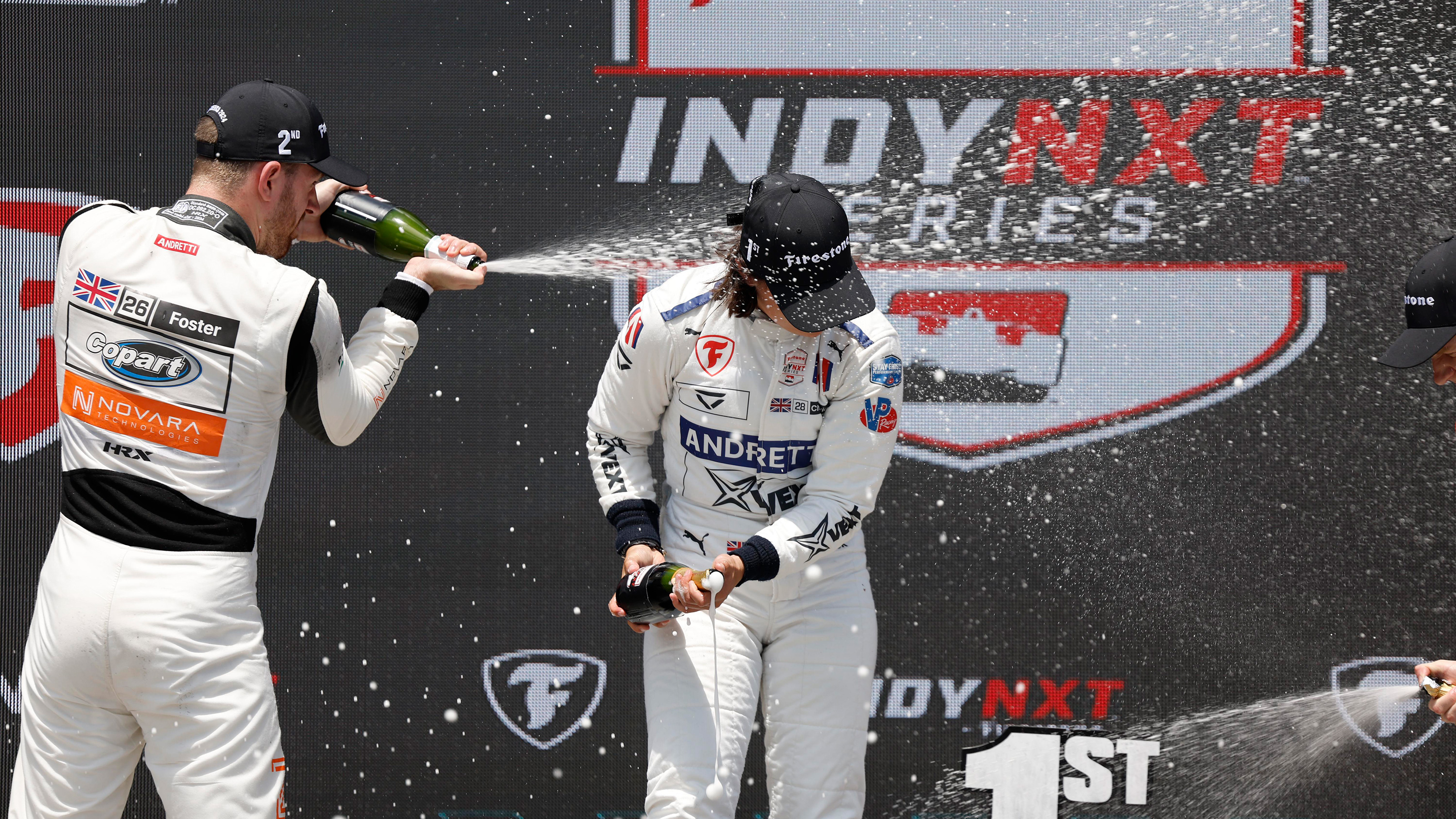 Jamie Chadwick Indy NXT podium celebration