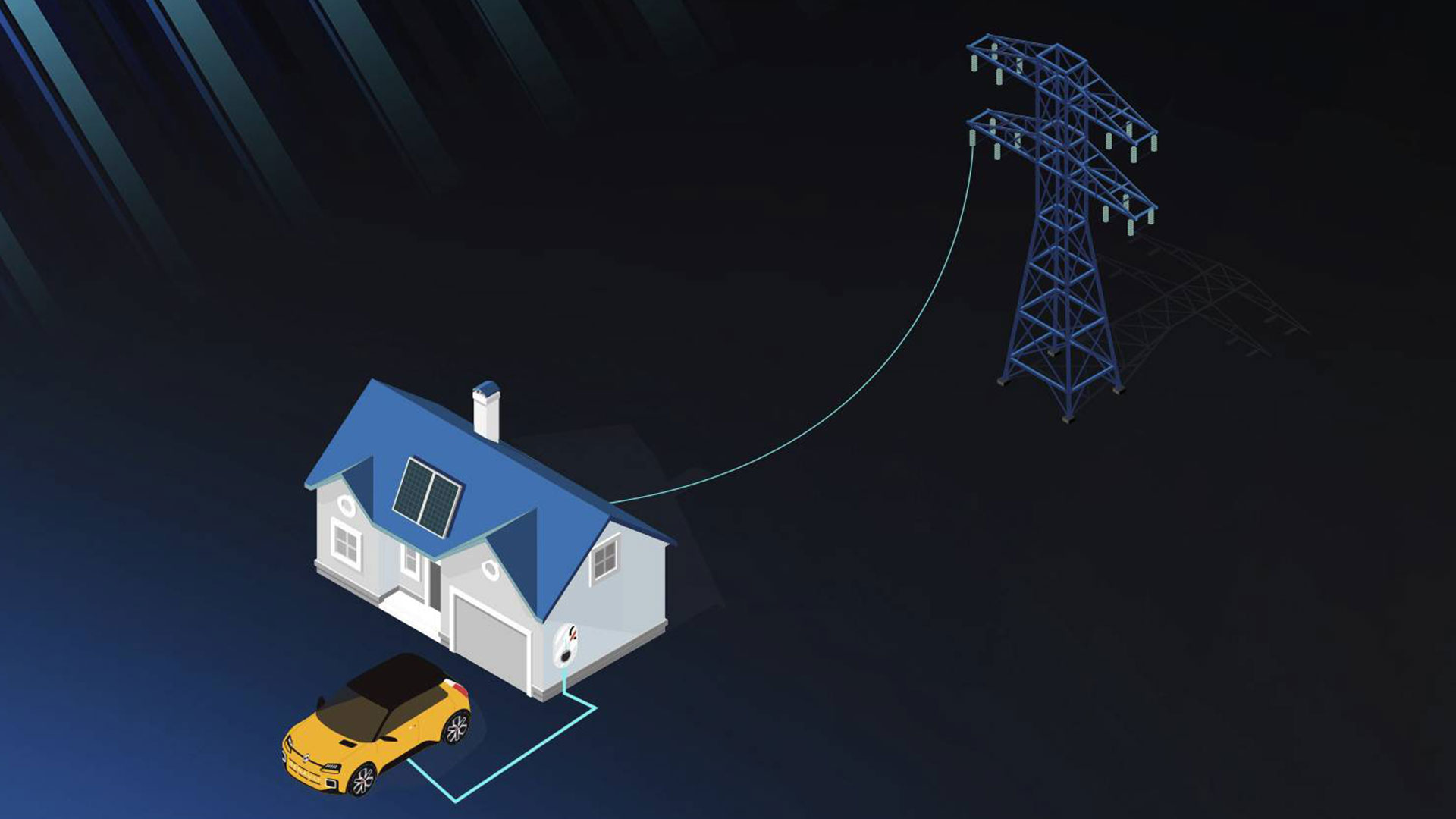 Graphic showing Renault 5 EV connected to house and power line with pylon in background