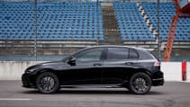 2024 Golf R Black Edition on track pit lane, side profile shot