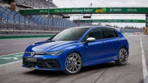 The 2024 Golf R in blue on track pit lane, static shot