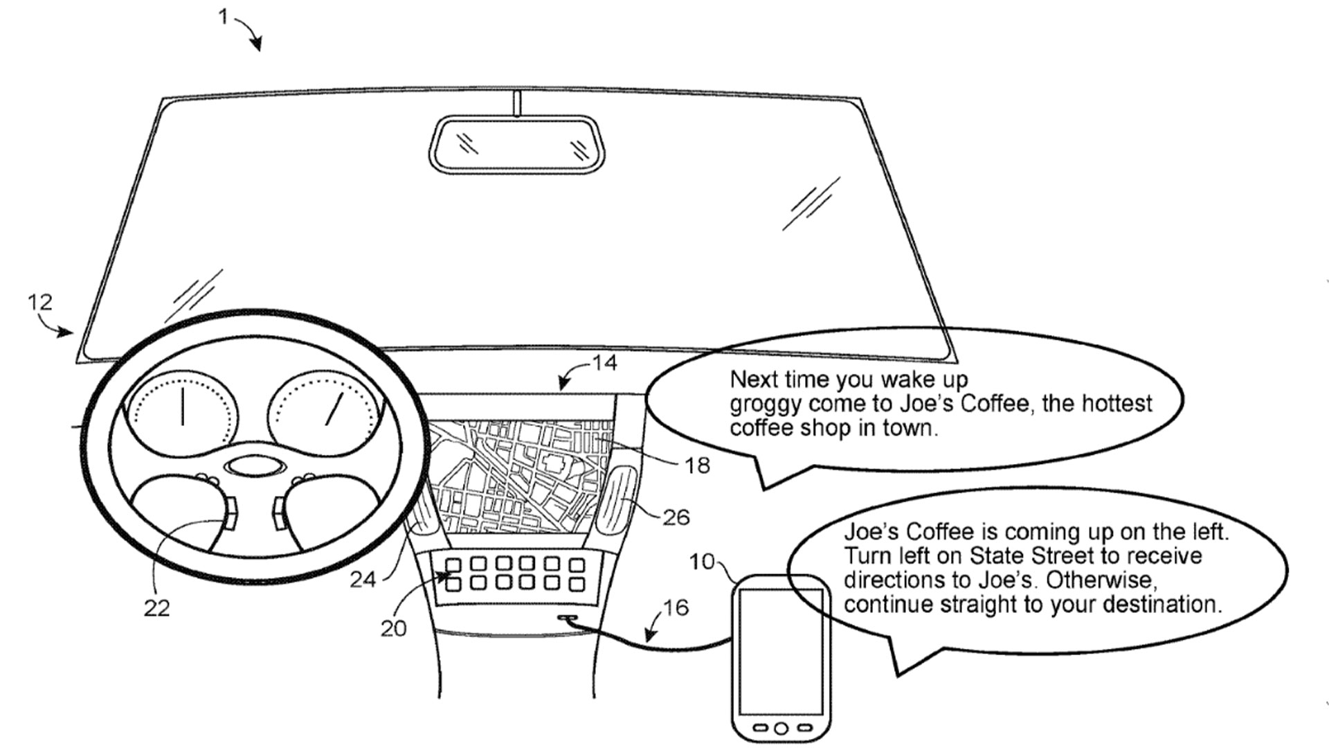 Illustration showing dashboard and windscreen from car, with speech bubbles showing how tech would work