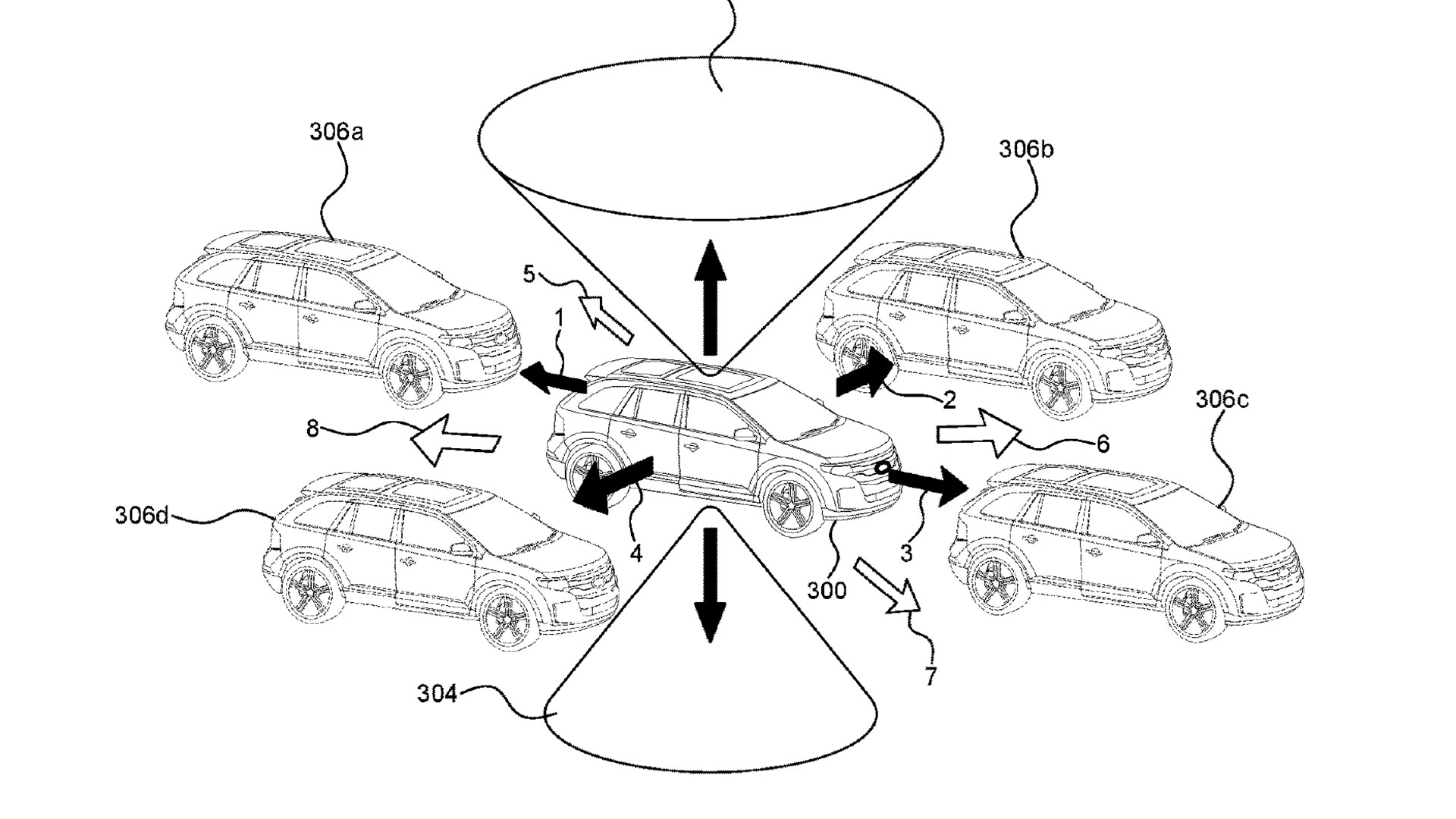 Drawings from Ford's Smart Vehicle Holograms patent application -showing the 360-degree circumference of car with sensor/camera tech