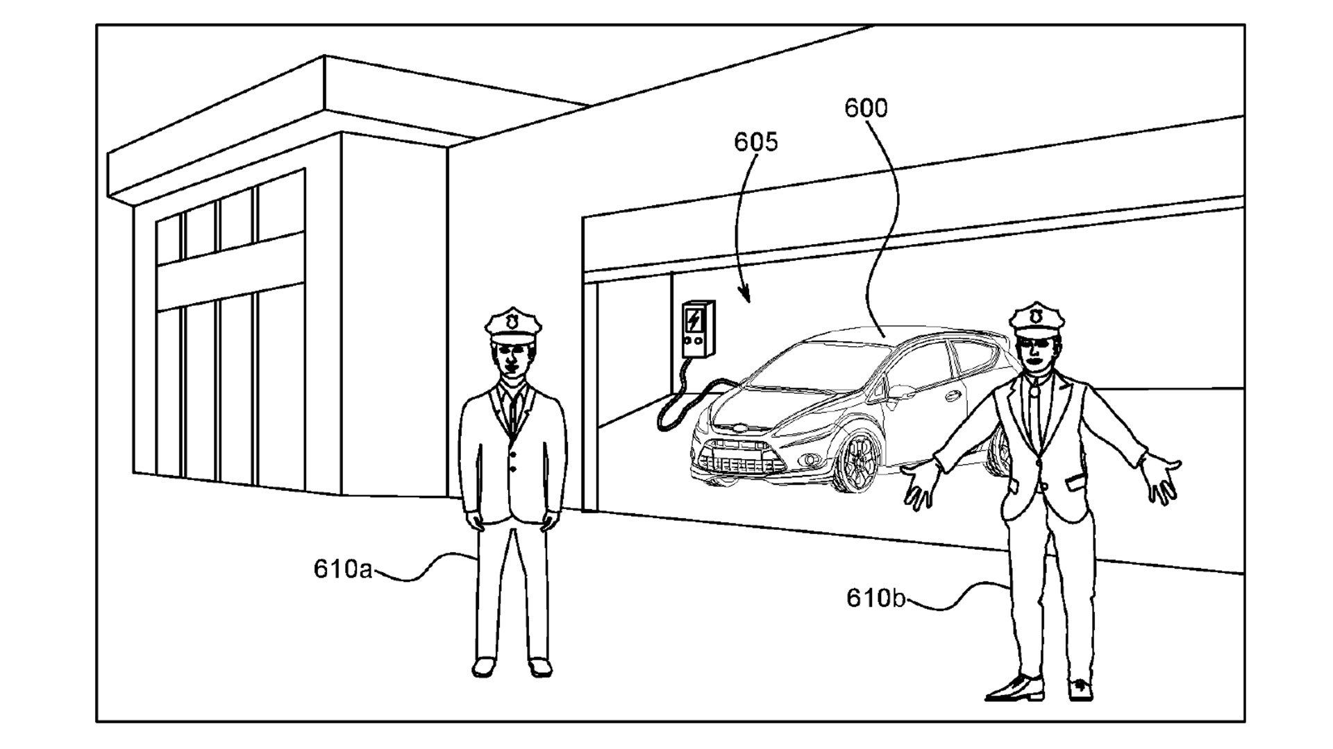 Drawings from Ford's Smart Vehicle Holograms patent application -showing the security guard hologram