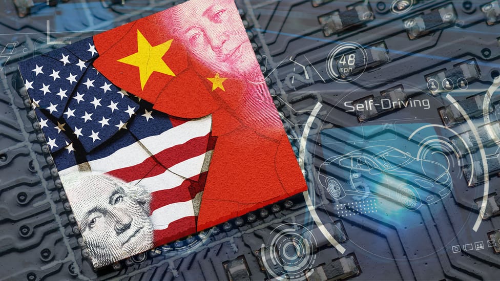 Background of a motherboard with a chip showing US and Chinese flags and graphic of self-driving vehicles overlaid across the top