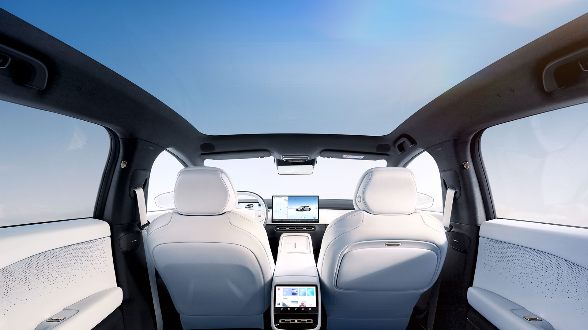 Interior shot of Xpeng P7+ showing a lot of glass inc. panoramic roof