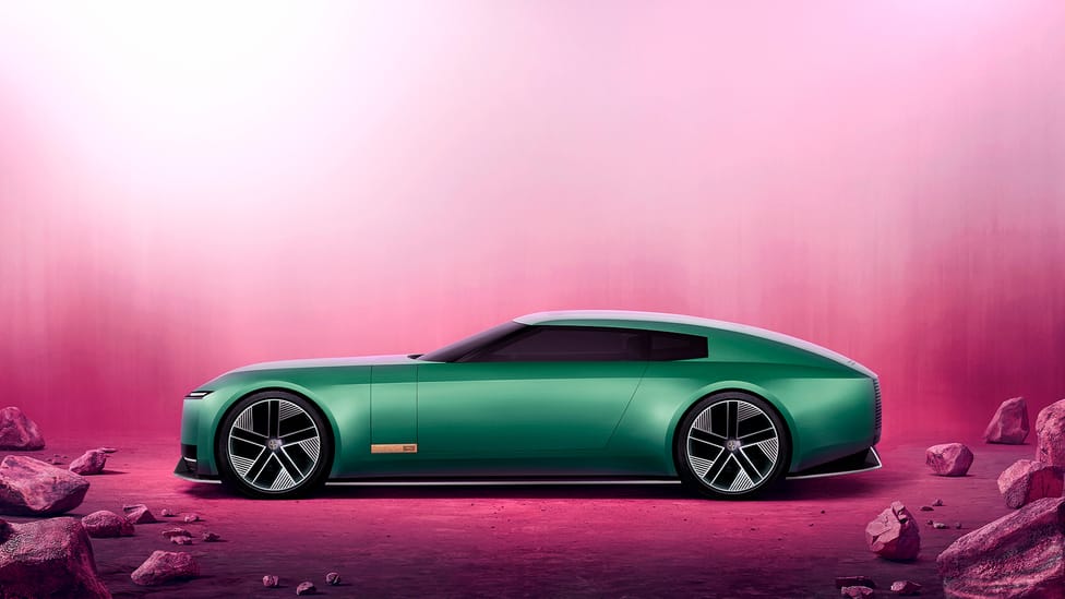 The Jaguar Type 00 rendered in green, in side profile