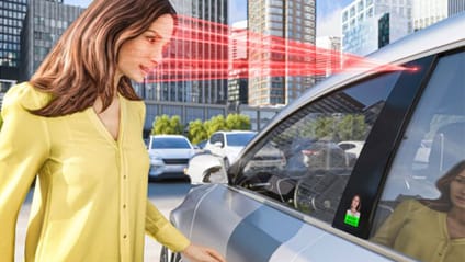 Graphic render showing beam from car's b-pillar projected onto woman's face