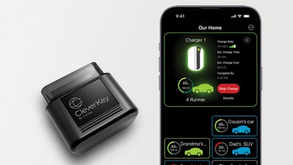 Shot of OBDII port product 'CleverKey' and screen of smartphone app connected to show EV health status of cars in household