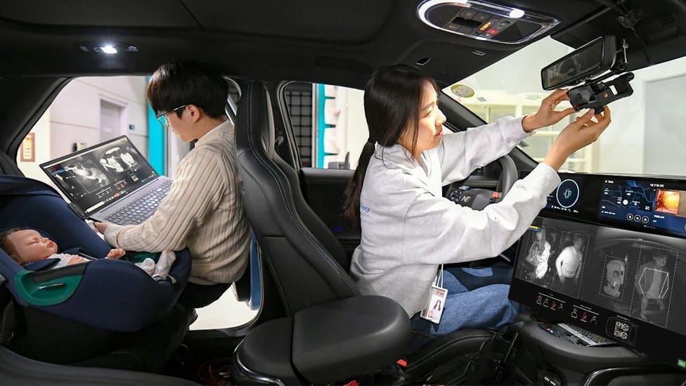 Engineers at Hyundai Mobis monitoring their in-cabin monitoring system in a lab with a baby doll and graphic on their computer screens