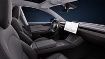 Interior shot of the front passengers seat in the 2025 Tesla Model Y Juniper