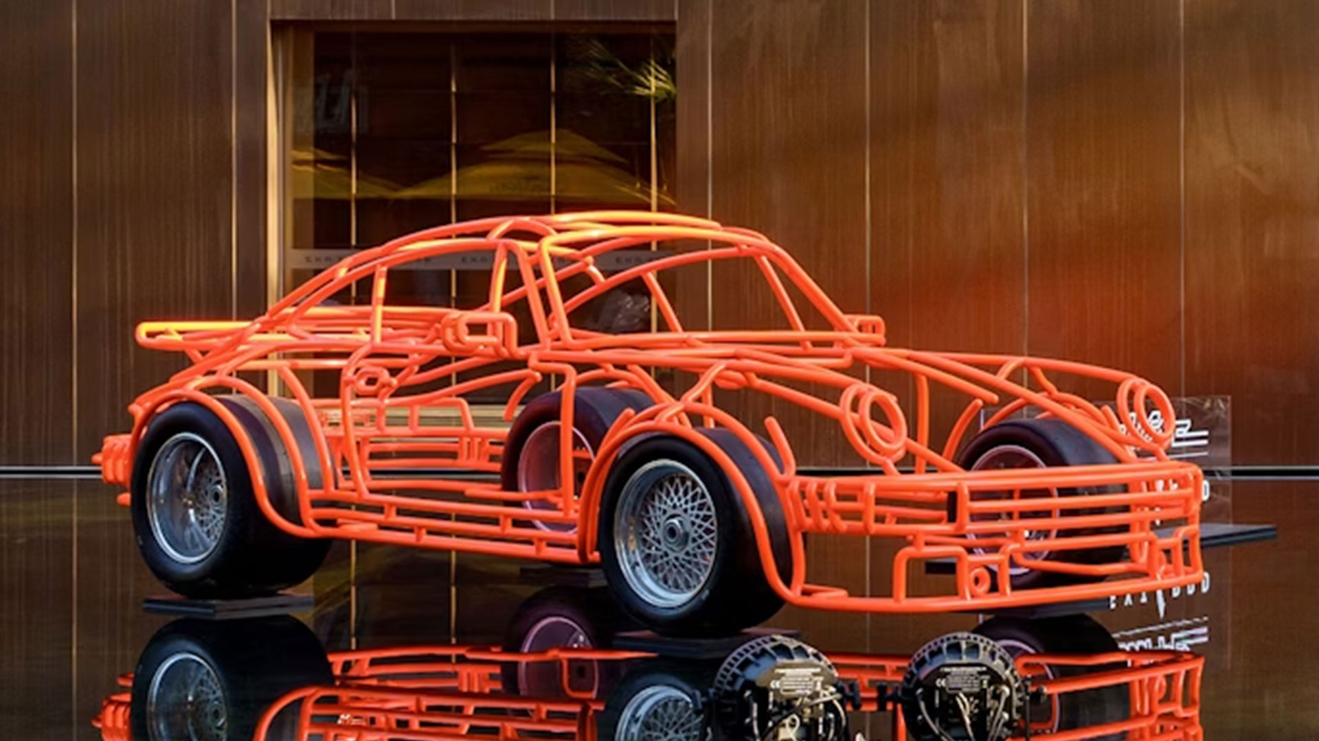 Studio shot of Benedict Radcliffe's lifesized Porsche 934 wire model