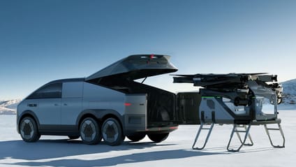 Xpeng AeroHT Land Aircraft Carrier truck and AeroHT e-Copter on salt flats