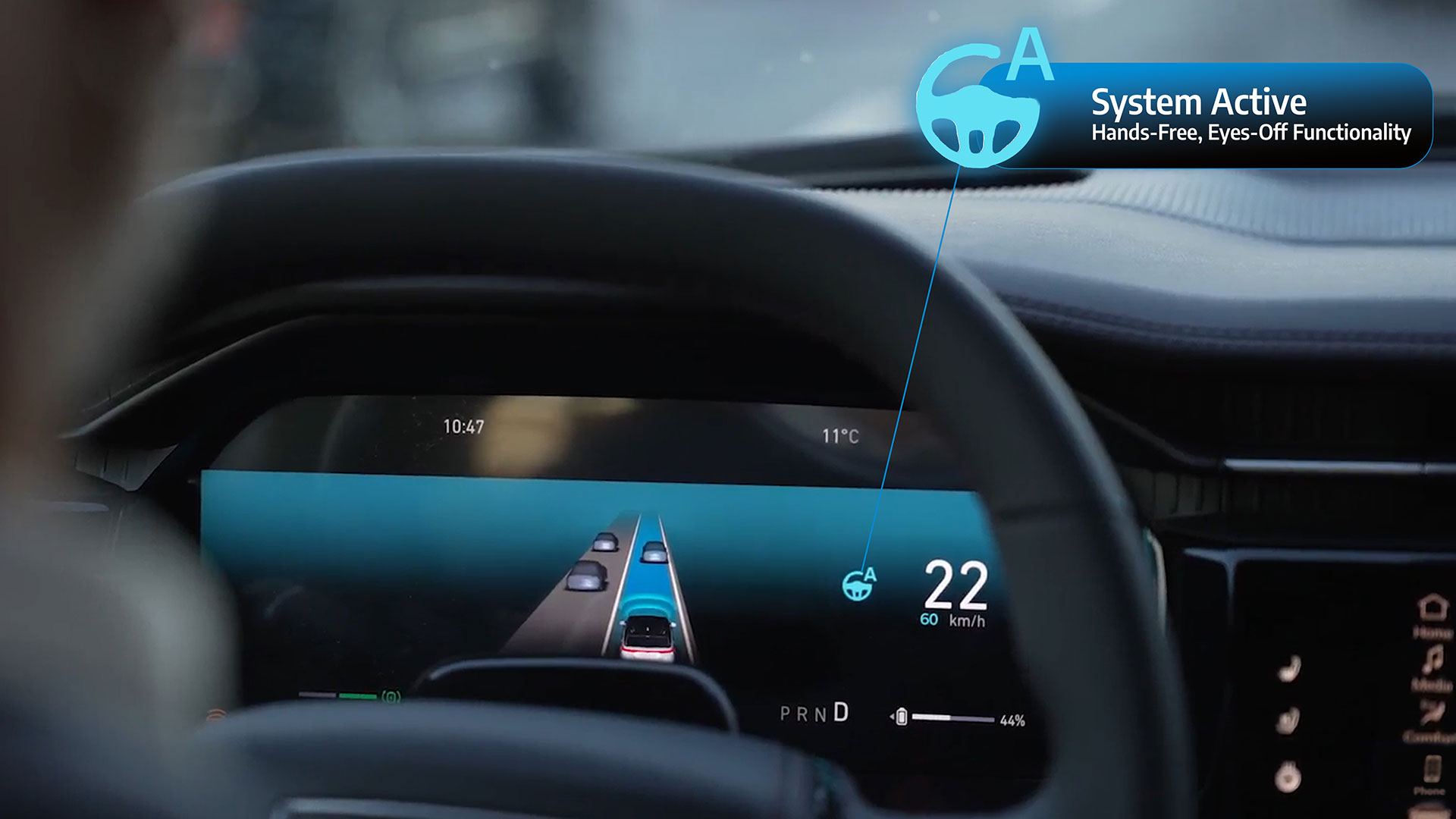 Close up of instrument cluster when Stellantis' AutoDrive functionality deployed, with graphic overlaid