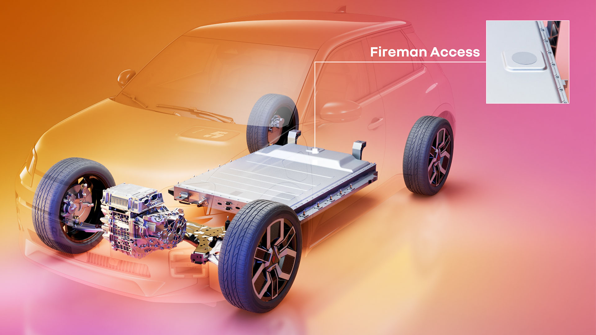 Render showing Renault EV system and identifying where Fireman Access safety mechanism is